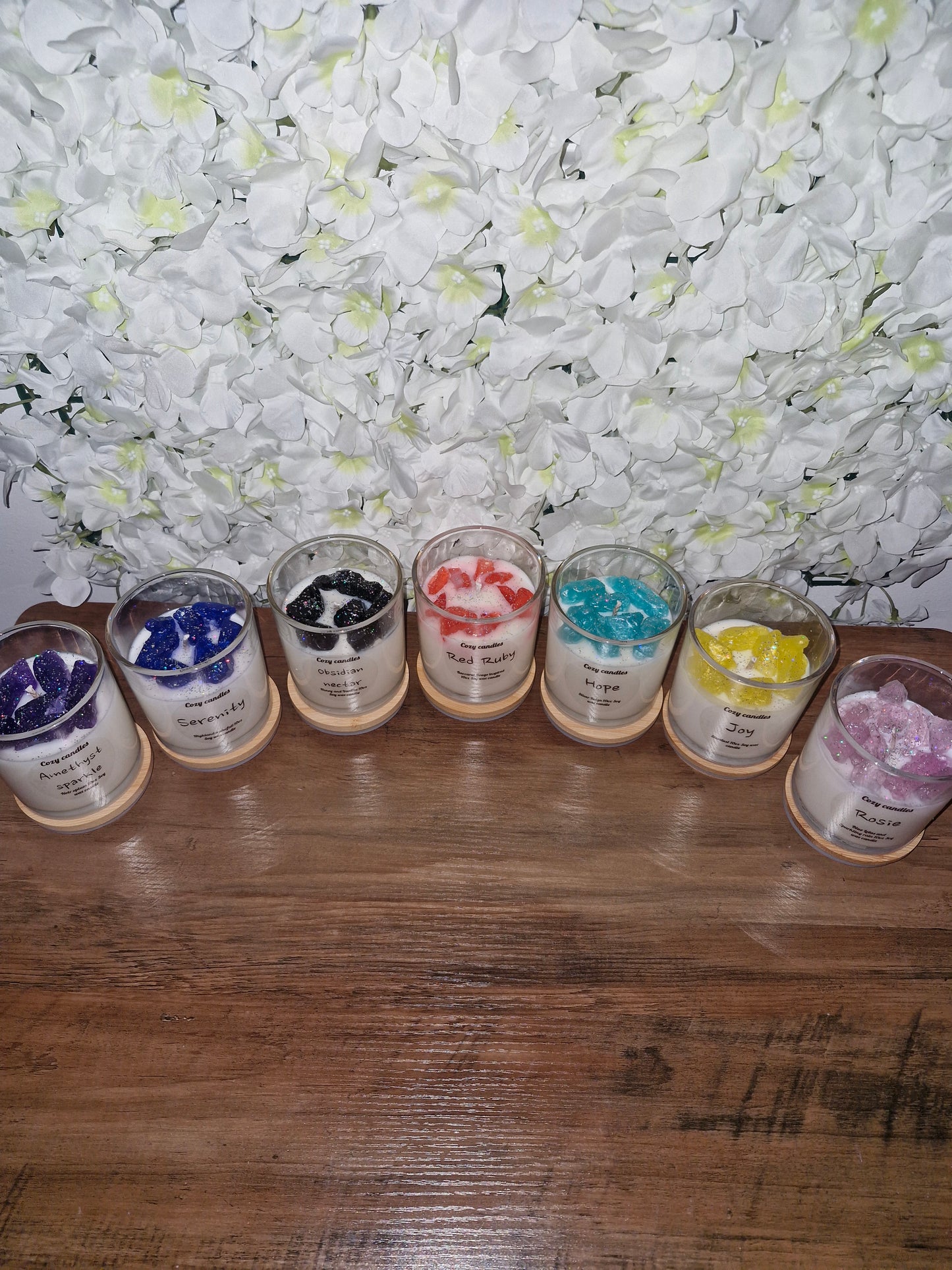 Rosie 10oz Soy and Gel wax candle scented in blue Lotus and Sparkling rain
