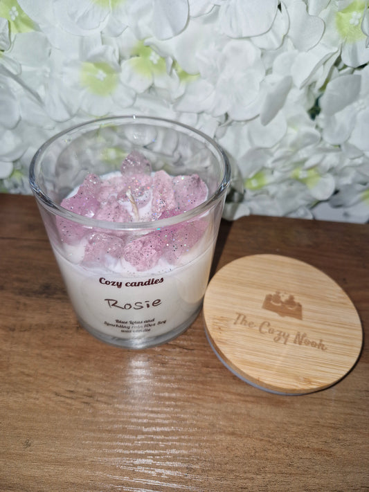 Rosie 10oz Soy and Gel wax candle scented in blue Lotus and Sparkling rain